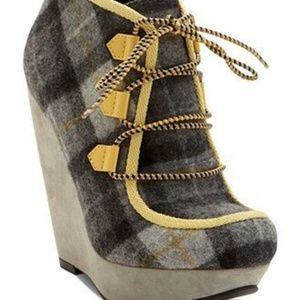 Rachel Roy plaid wedge booties
